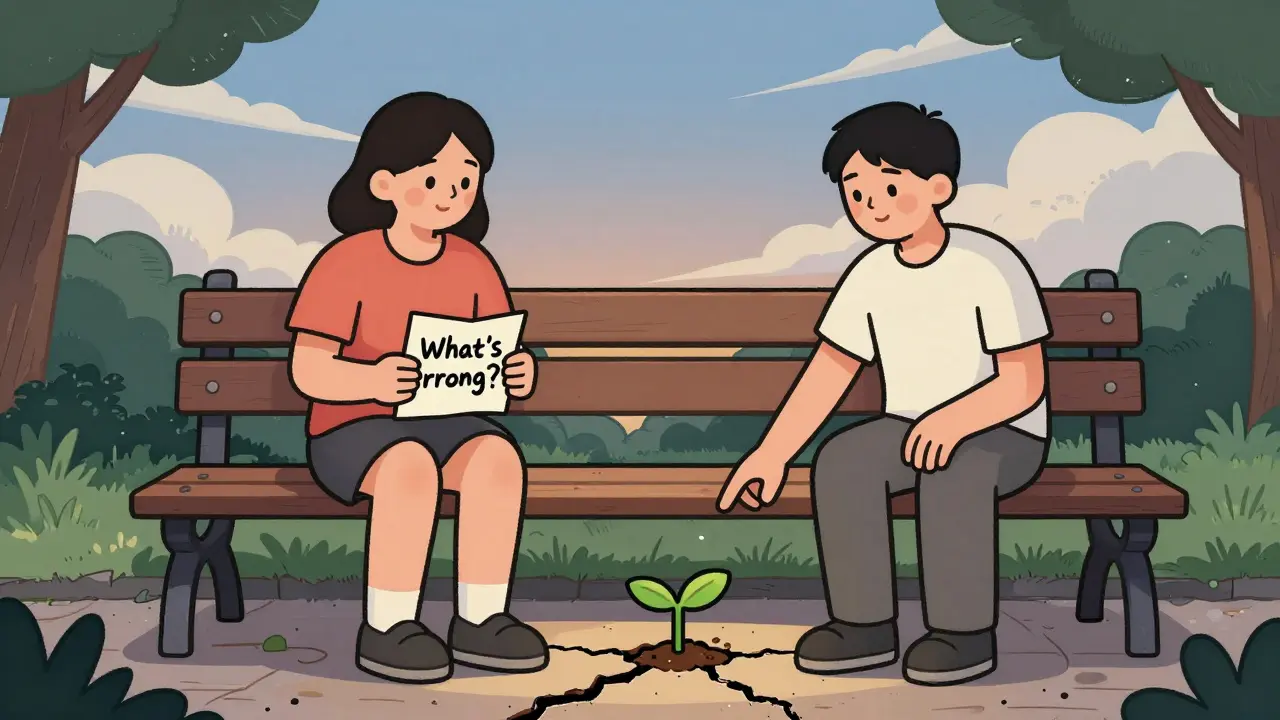 Dvě postavy na lavičce ukazují na malý klíček rostoucí mezi dlažbou.