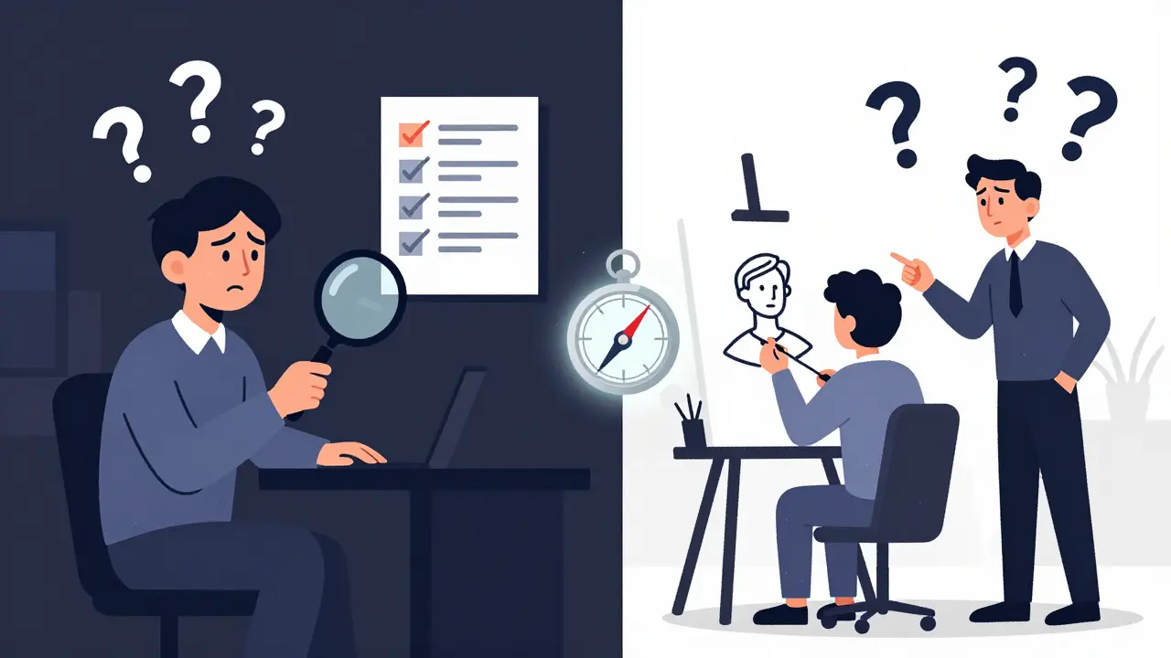 Dvě scény: jeden klient dostává pokyny, druhý kreslí svou cestu — oba stejný člověk.