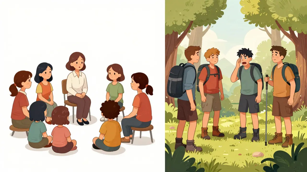 Dvě terapeutické scény vedle sebe: ženy s dětmi a muži na procházce, obě v bezpečném prostředí.