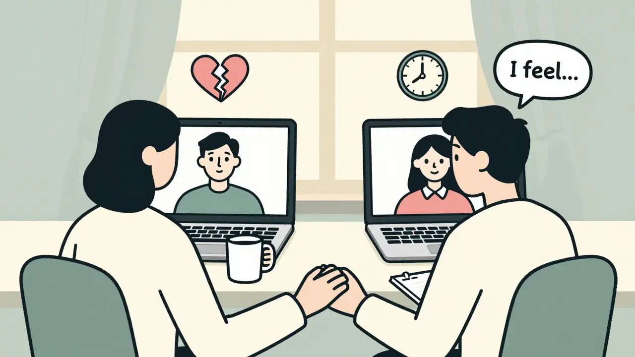 Dvojice v online terapii, ruce se dotýkají, za nimi světlo rána, ikony uzdravení.