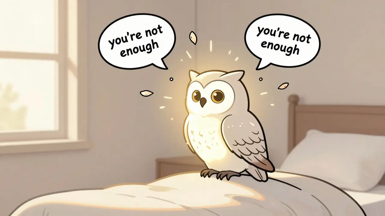 Jemná sova sedí na rameni člověka a dívá se na něj s laskavostí, kritické myšlenky se mění v květy.