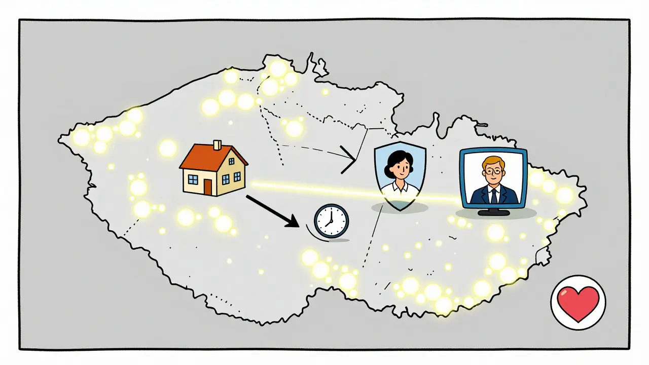 Mapa Česka s terapeuty a spojnicí ukazující přístup k terapii i z venkova.