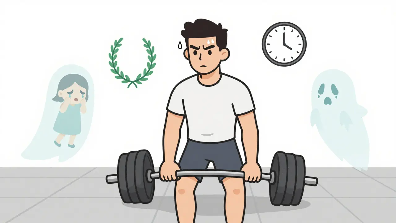 Muž ve sportovním prostředí, kolem něj se vynořují průhledné emoce z minulosti.