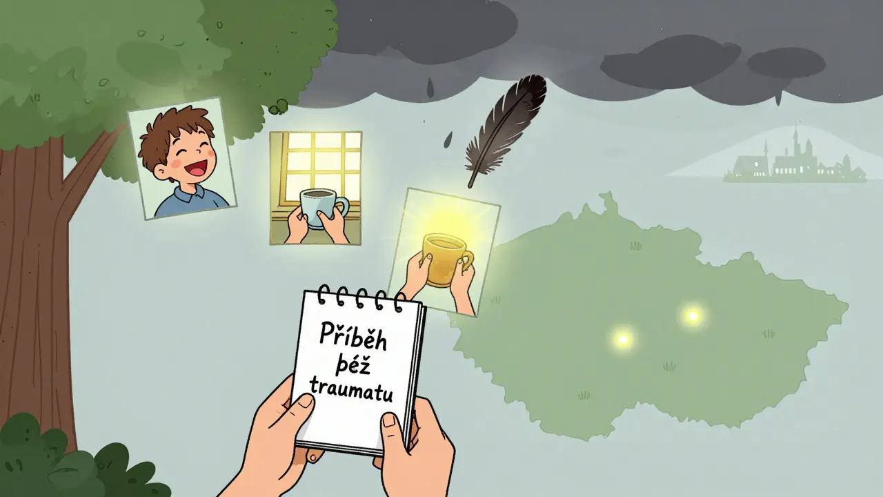 Osoba drží sešit s názvem 'Příběh bez traumatu', kolem ní plavou vzpomínky štěstí, temnoty se mění v peří.