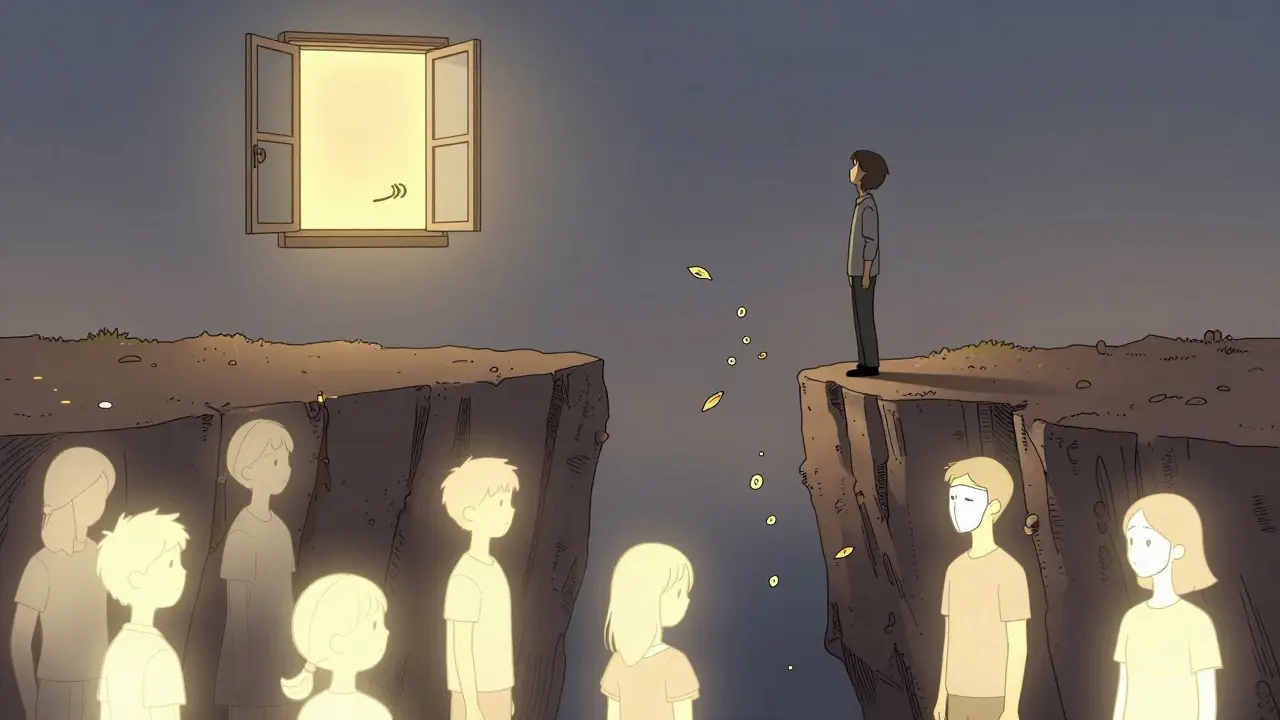 Osoba dýchá na okraji propasti, pod ní její minulé verze, nad ní otevřené okno světla.