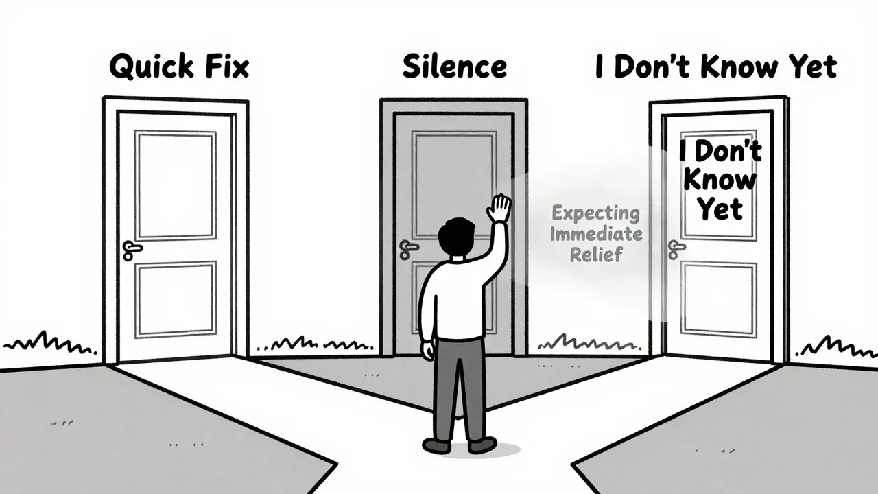 Osoba se rozhoduje mezi třemi dveřmi, z nichž jedny vedou k nejistotě.