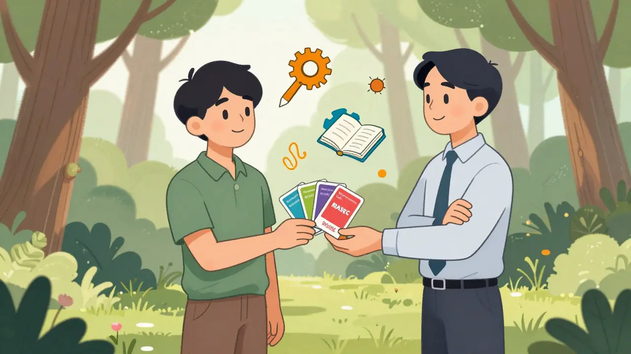 Poradce podává klientovi barevné karty s osobnostními typy ve světlém prostředí.