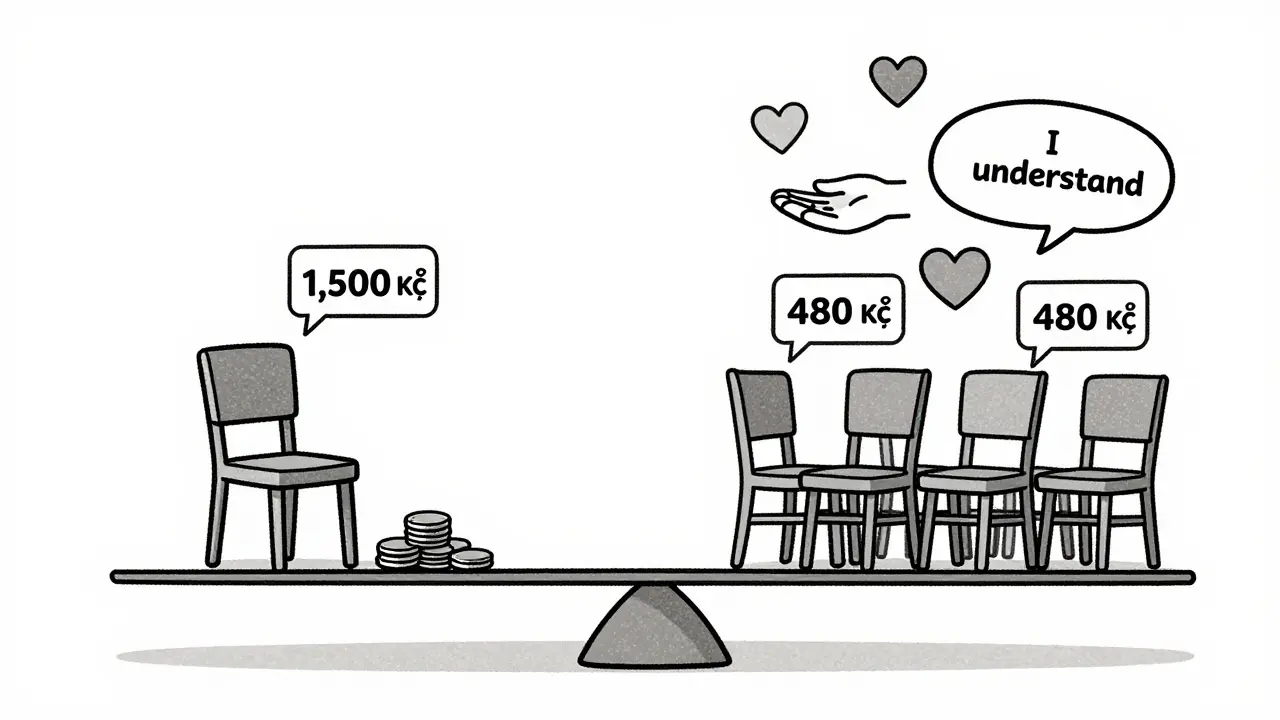 Porovnání cen individuální a skupinové terapie na váhách s emocionálními symboly.