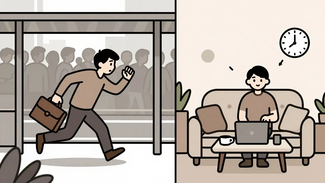 Porovnání stresu cesty do města a klidu online terapie doma.