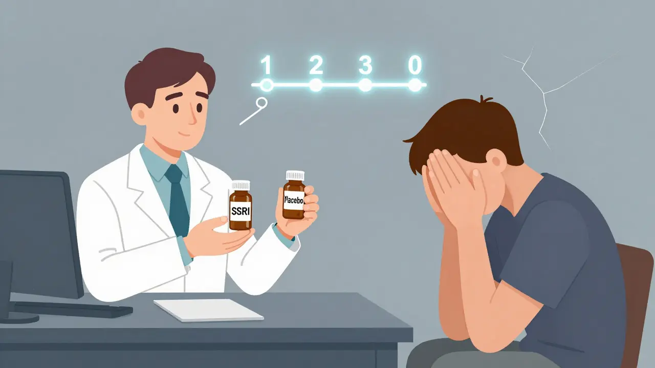 Psychiatr vysvětluje pacientovi účinek antidepresiv na časové ose v klidné kanceláři.