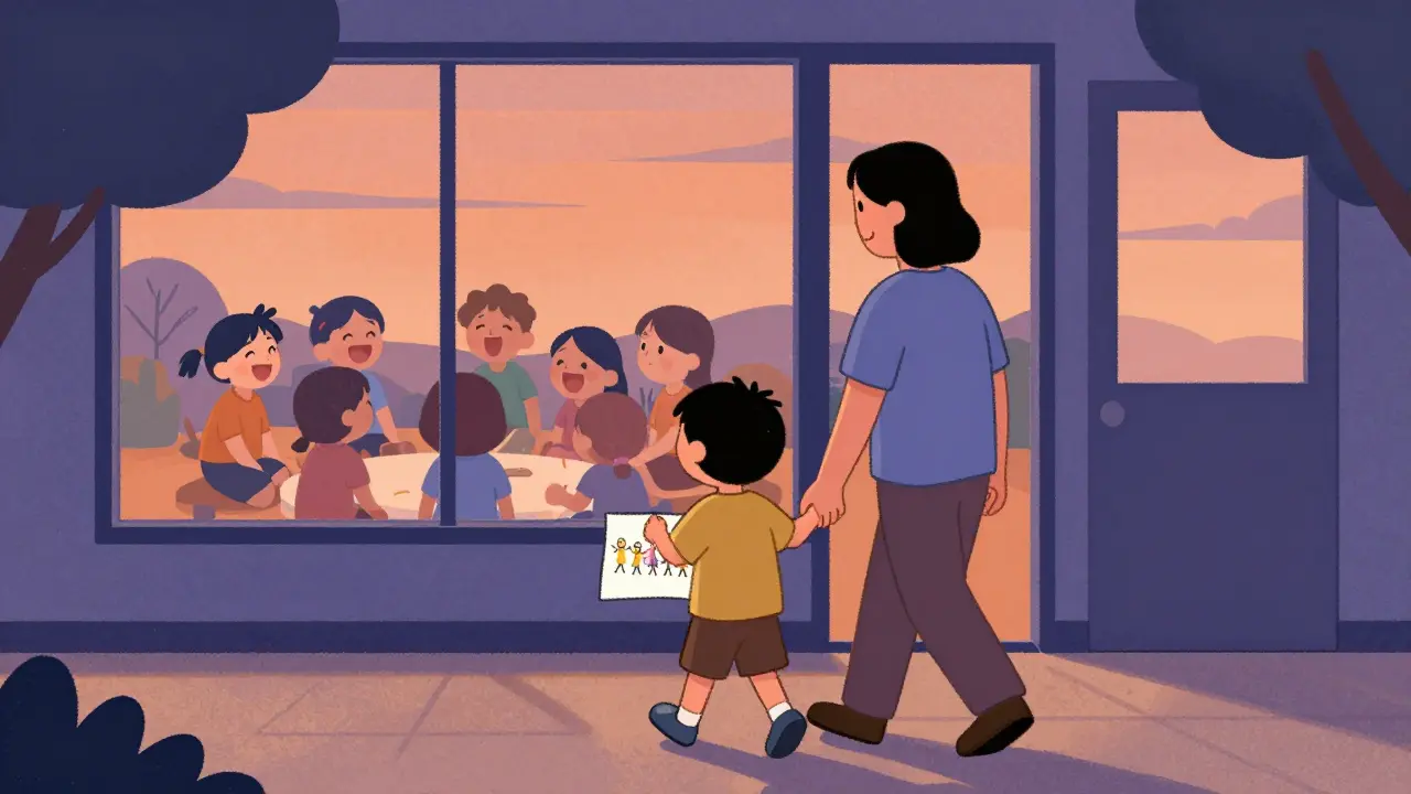 Rodič a dítě odcházejí z terapeutického centra večer, dítě drží kresbu s kamarády.