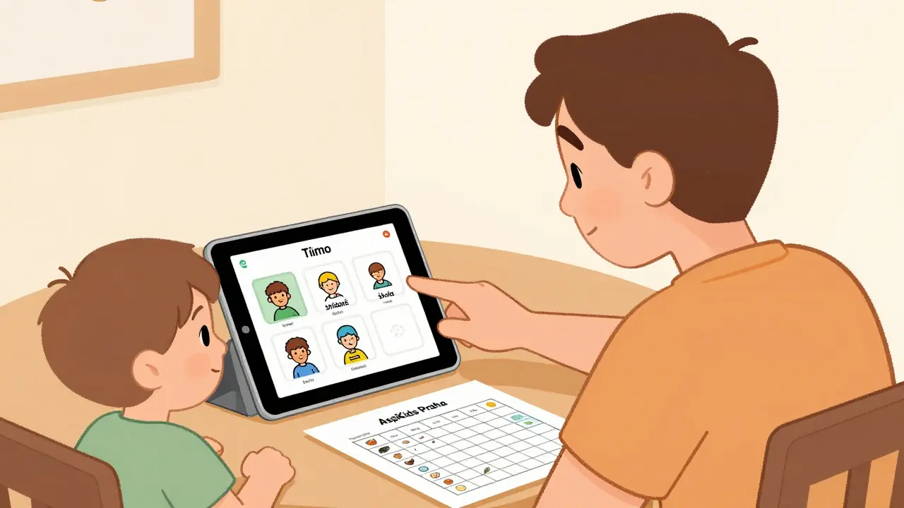 Rodič a dítě společně sledují vizuální aplikaci Tiimo s českými obrázky na tabletu.