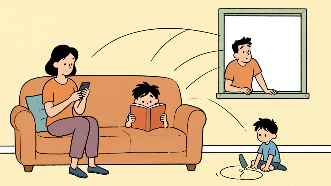 Rodina ve společné místnosti, ale všichni jsou emocionálně od sebe vzdáleni.