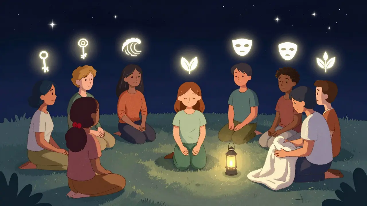 Skupina lidí integruje transpersonální zážitky pod hvězdami, terapeut je tiše přítomen.