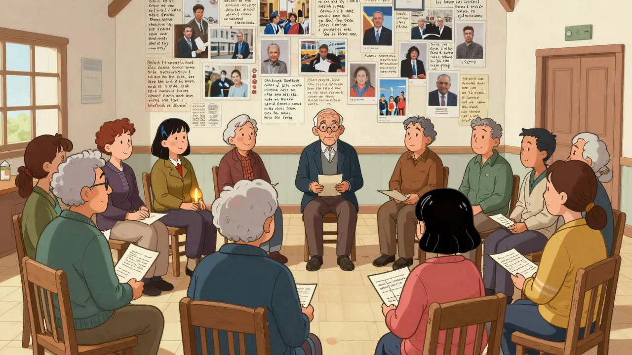 Skupina lidí v městském sále sedí v kruhu s svíčkami a rukopisy, symbolizující sdílení příběhů.