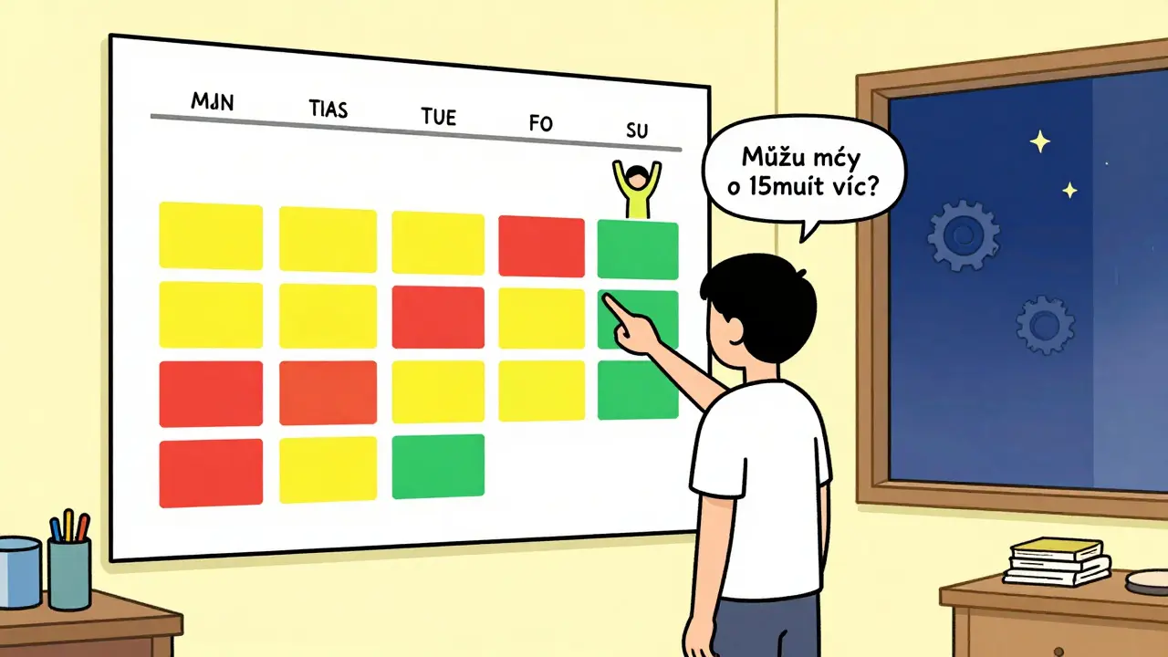 Student doma používá barevný stěnný kalendář s plánovanými přestávkami, klidná atmosféra, žádné technologie.