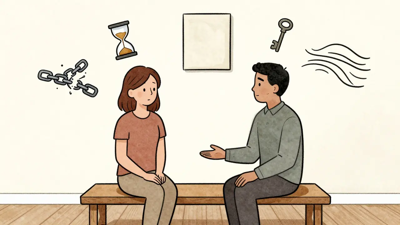 Terapeut a klient sedí vedle sebe, mezi nimi prázdný prostor, klidné osvětlení.