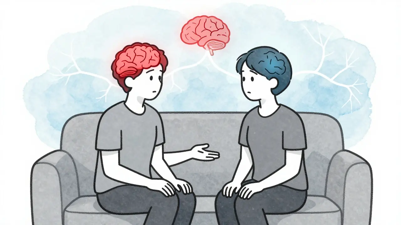 Terapeut a pacient sedí spolu, za nimi svítí neurologické cesty mozku, symbolizující léčbu traumatu.