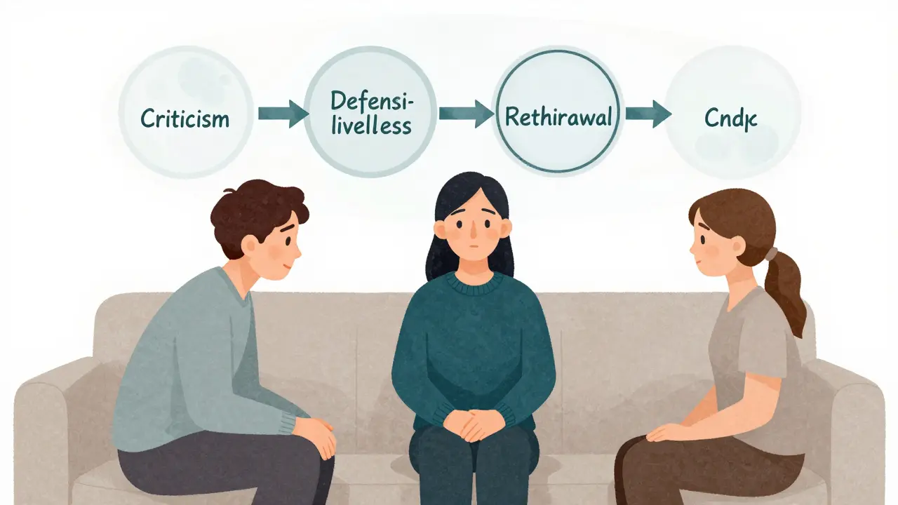 Terapeut mezi párem, schematické šipky znázorňující opakující se konflikty.