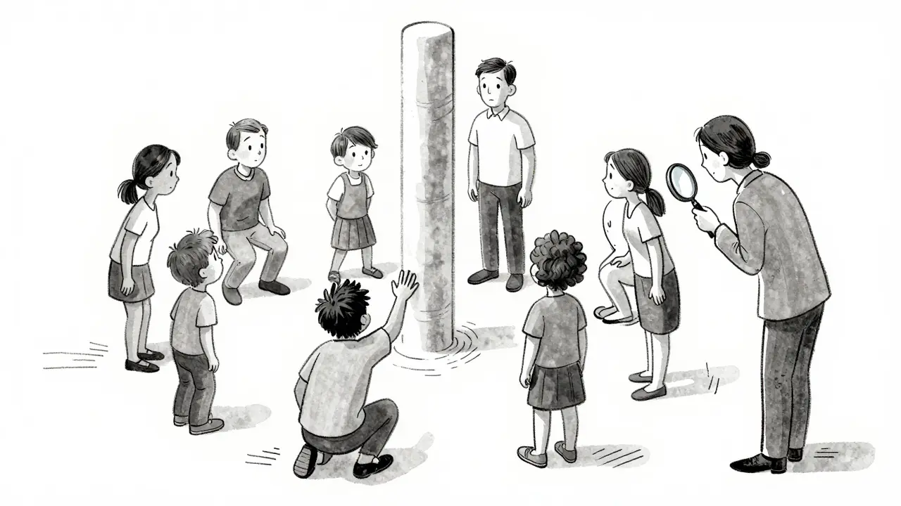 Terapeut pozoruje rodinu, která je v tělesné pozici představující jejich vztahy.