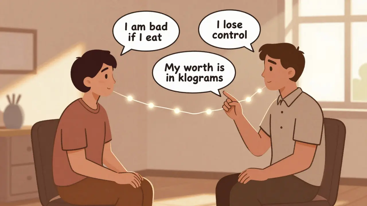 Therapist and patient connected by light threads showing harmful thought patterns.