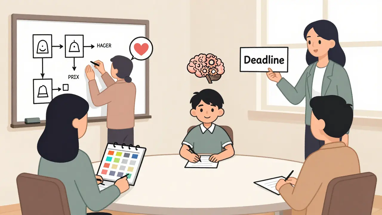 Tým podpory – učitel, psycholog, speciální pedagog a rodič – společně vytváří plán pro studenta s ADHD, který sedí v centru.