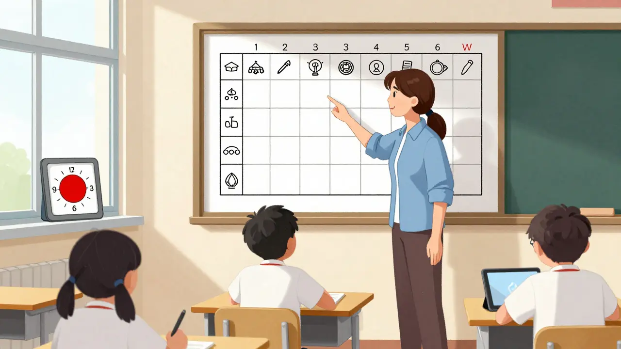 Učitelka ukazuje žákovi vizuální plán v třídě s časovou hodinkou na okně.