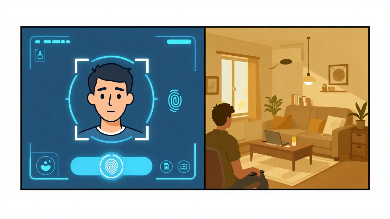 Biometrické přihlášení aktivuje bezpečné terapeutické sezení, zatímco klient je v bezpečí a klidu.