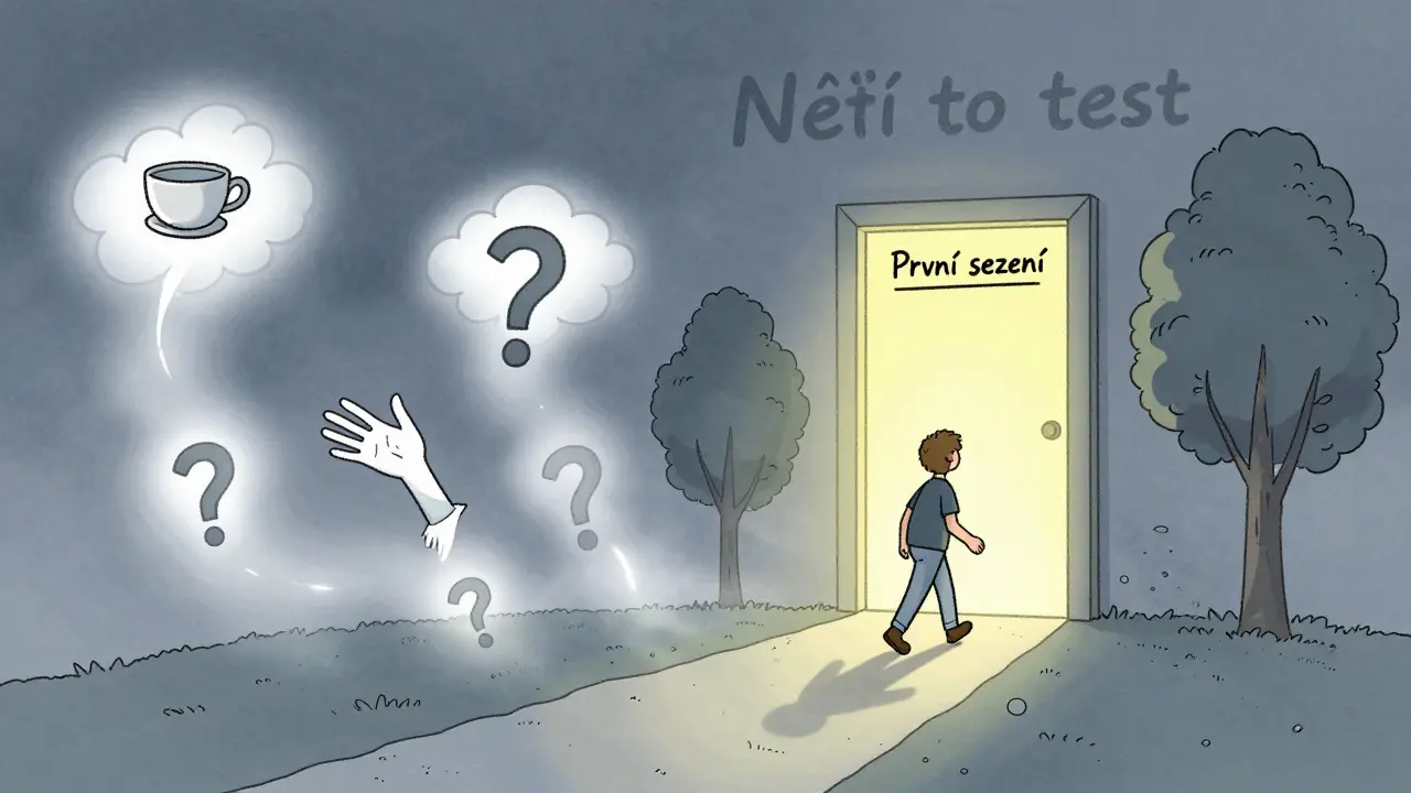 Cesta k prvnímu sezení v terapii, kde otázky se mění v klid a přijetí.