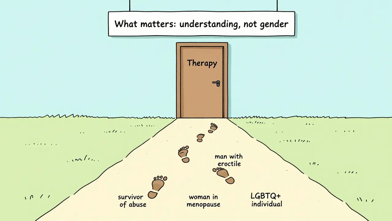 Cesta stopami od různých zkušeností k dveřím terapie, nad nimi nápis: 'Důležité je porozumění, ne pohlaví'.