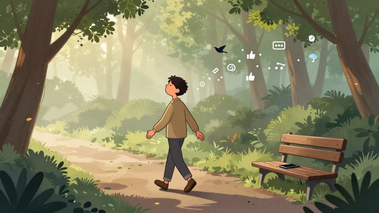 Člověk prochází lesem na ranním světle, slyší ptáky, digitální notifikace se mění v mlhu.