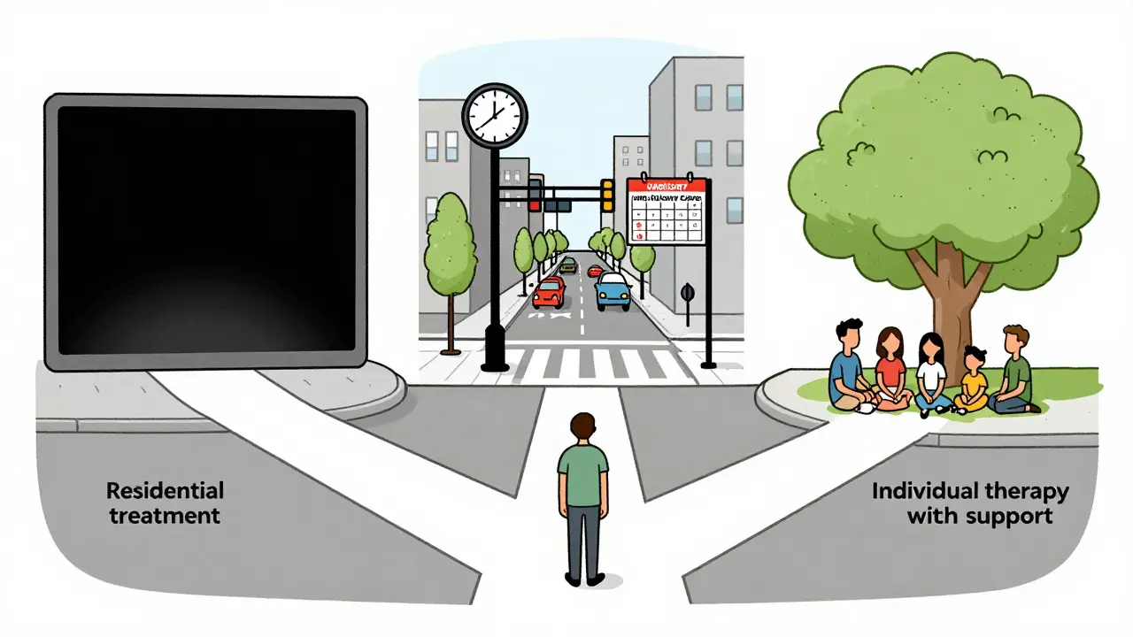 Člověk stojí na rozcestí s třemi cestami reprezentujícími různé přístupy k léčbě digitální závislosti.