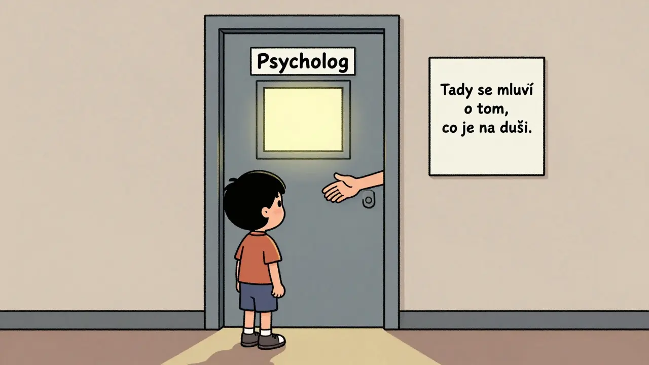 Dítě stojí před dveřmi psychologa, kde z druhé strany k němu natahuje ruku.