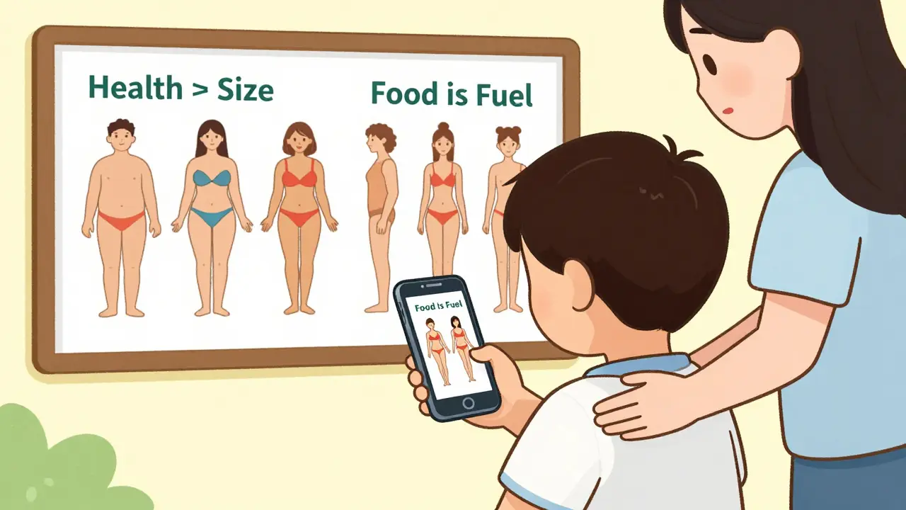 Dítě vidí ideálnizované těla na telefonu, zatímco okolí ukazuje zdravé různorodé tělo.