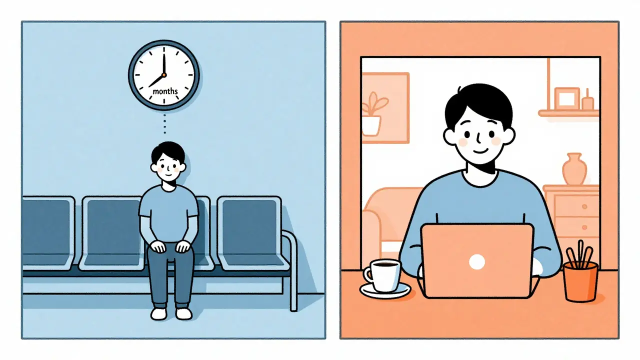 Dvě scény: čekání na terapeuta vs. online schůzka s terapeutem v pohodlném prostředí.