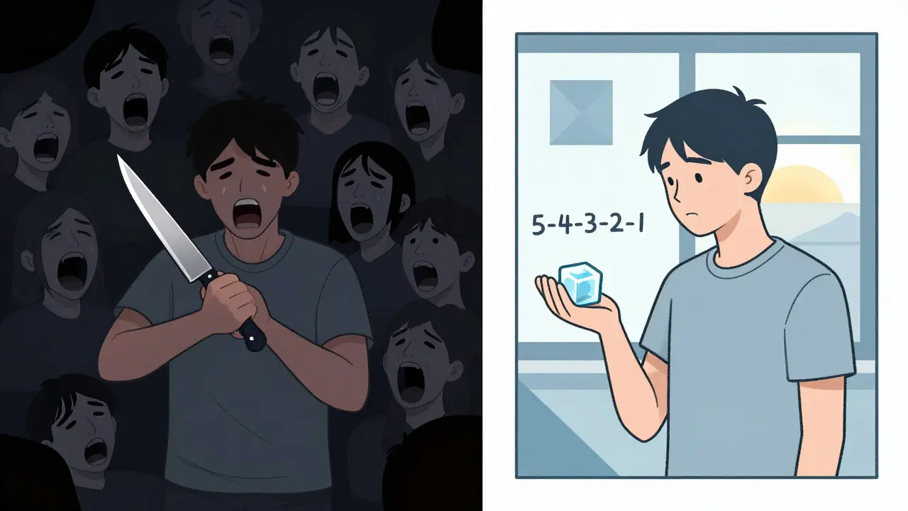 Dvě scény: jedna s nůžkou v temnotě, druhá s ledem a klidným světlem, symbolizující přechod od sebepoškozování k úlevě.