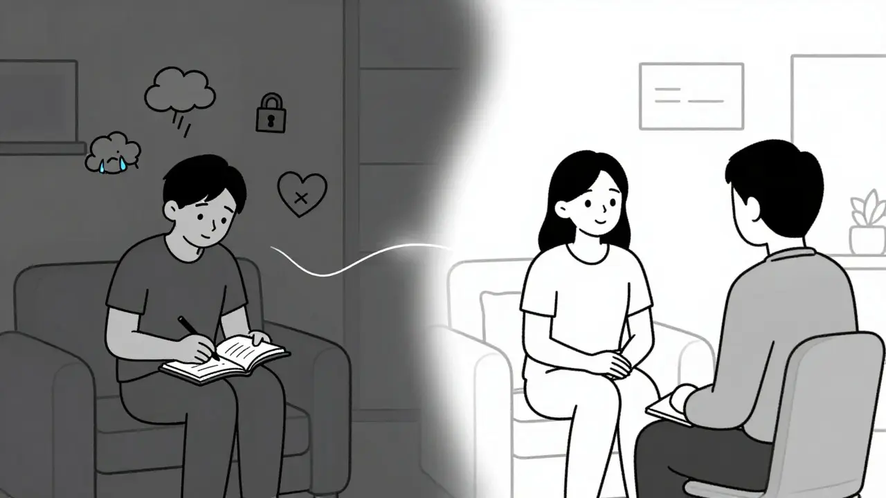 Dvě scény: osoba piše v domácím prostředí a pak mluví s terapeutem v osvěžené místnosti.