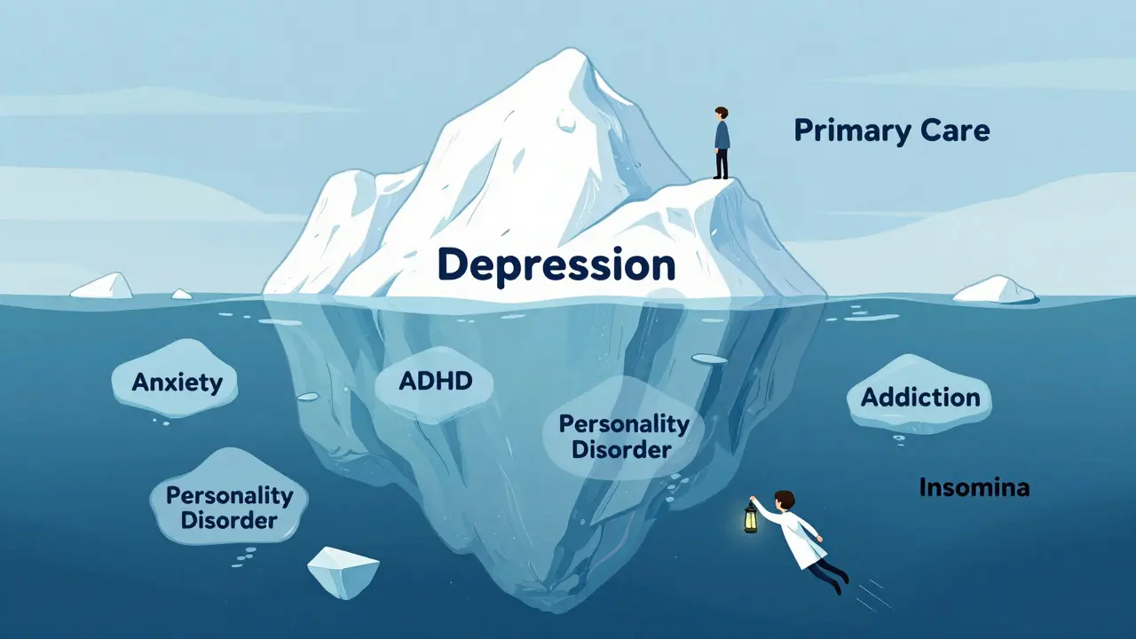 Jen vrchol ledovce duševních potíží je viditelný, zatímco většina problémů zůstává skrytá pod vodou.