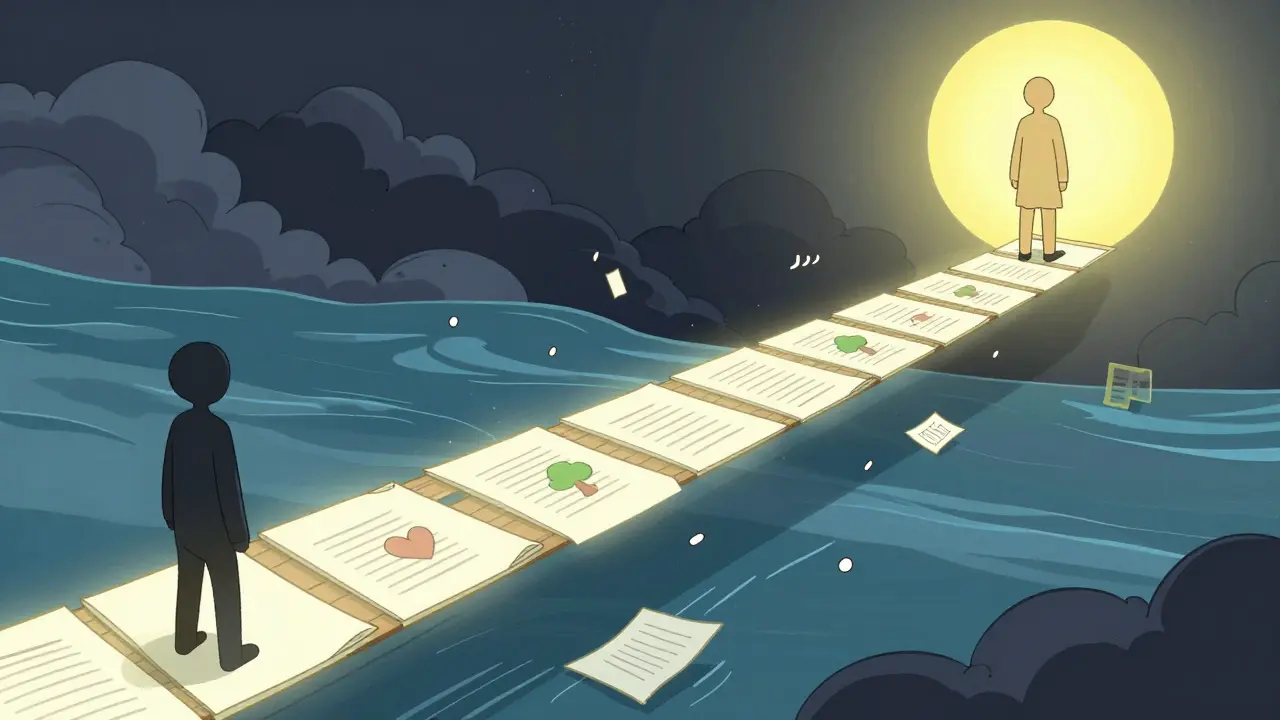 Most složený z pracovních listů spojuje zmatenou postavu s jasně osvětlenou, symbolizující přechod od chaosu k jasnosti.