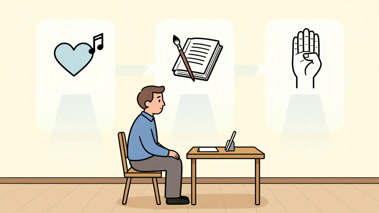 Muž a terapeut sedí u stolu, kolem nich tři cesty ke smyslu života jako průhledné obrazce.