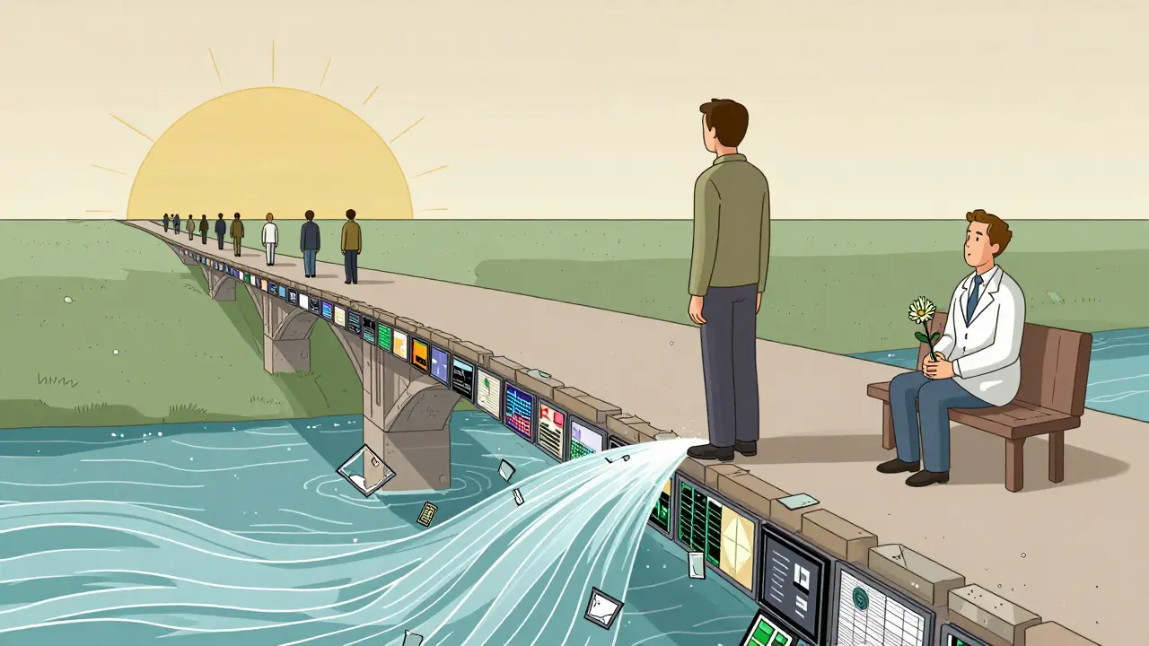 Muž stojí na mostě z rozbitých obrazovek, za ním terapeut drží květinu, za nimi světlo dne.