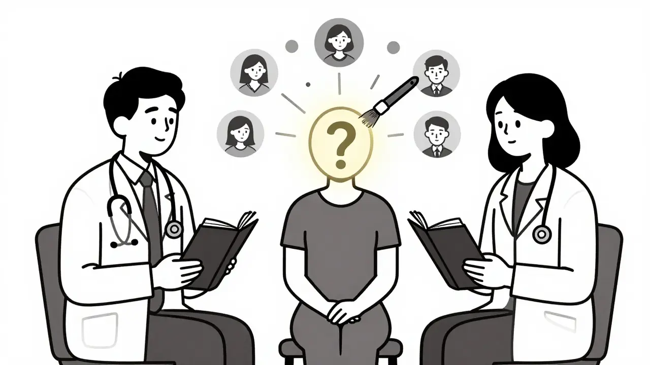 Mužský a ženský terapeut vedle sebe, klient mezi nimi, stereotypy se mizí jako kreslené čáry.