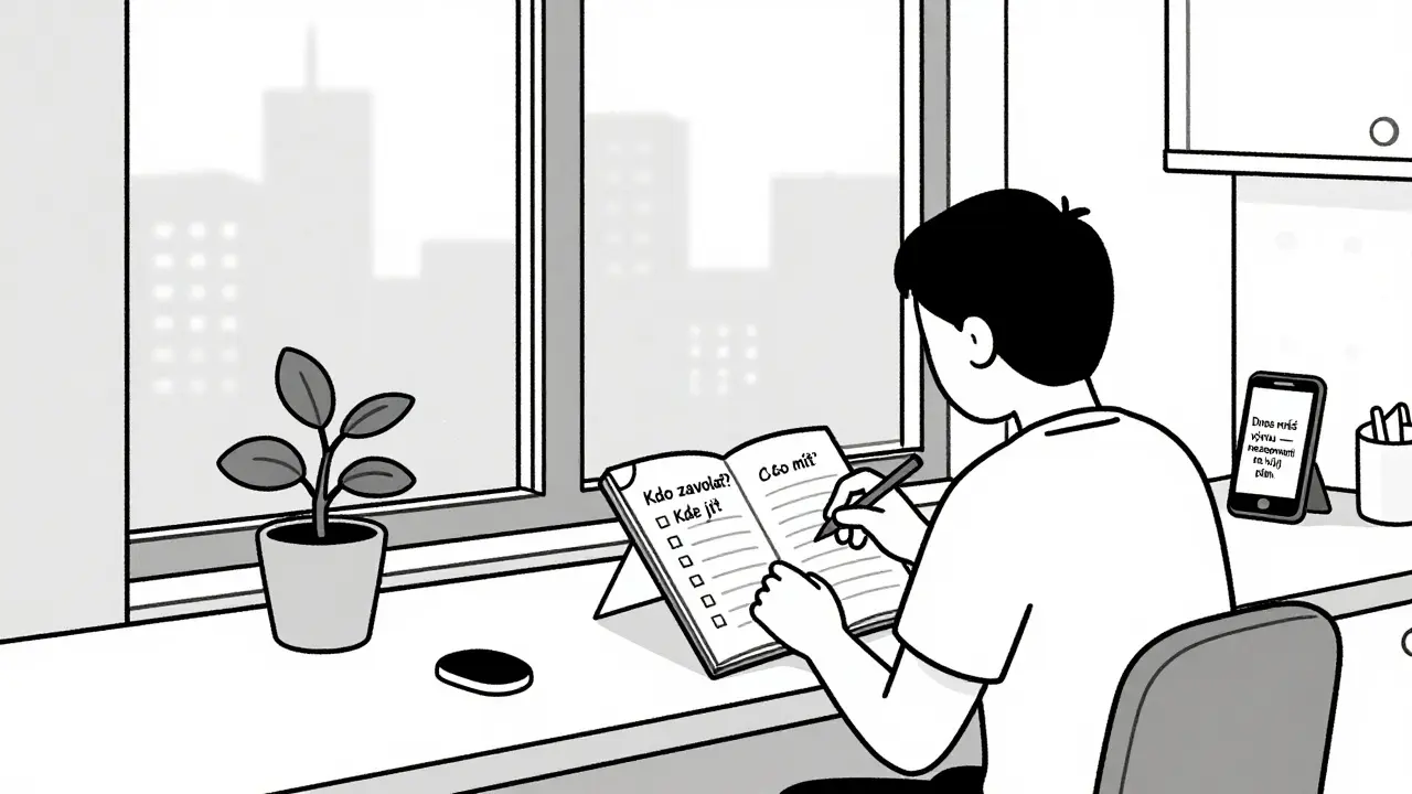 Osoba v chráněném bydlení pracuje s protikrizovým plánem na kuchyňském stole.