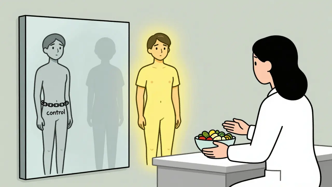 Pacient hledí do zrcadla, kde se odrazuje jeho duševní boj a podpora terapeuta.