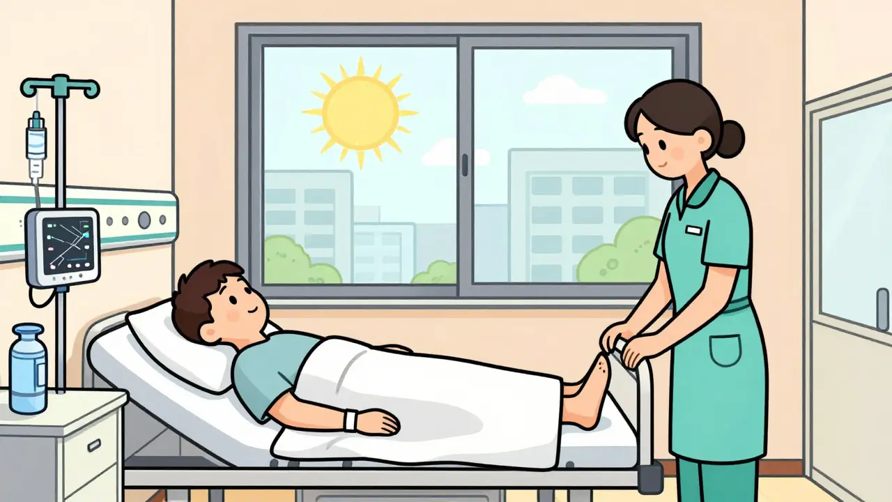 Pacient v nemocničním pokoji je ušetřen a sledován, zatímco venku svítí slunce.