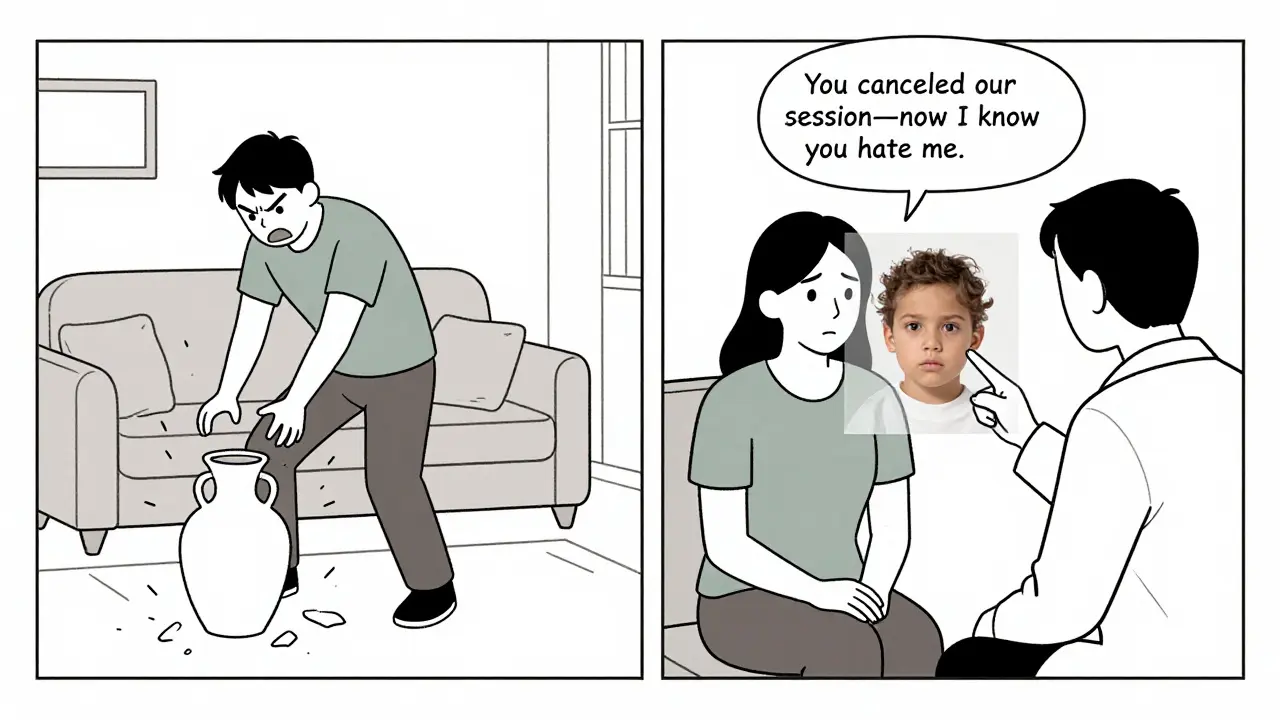 Pacient v terapii obviňuje terapeuta z odmítnutí, zatímco za ním se objevuje obraz dítěte z minulosti.