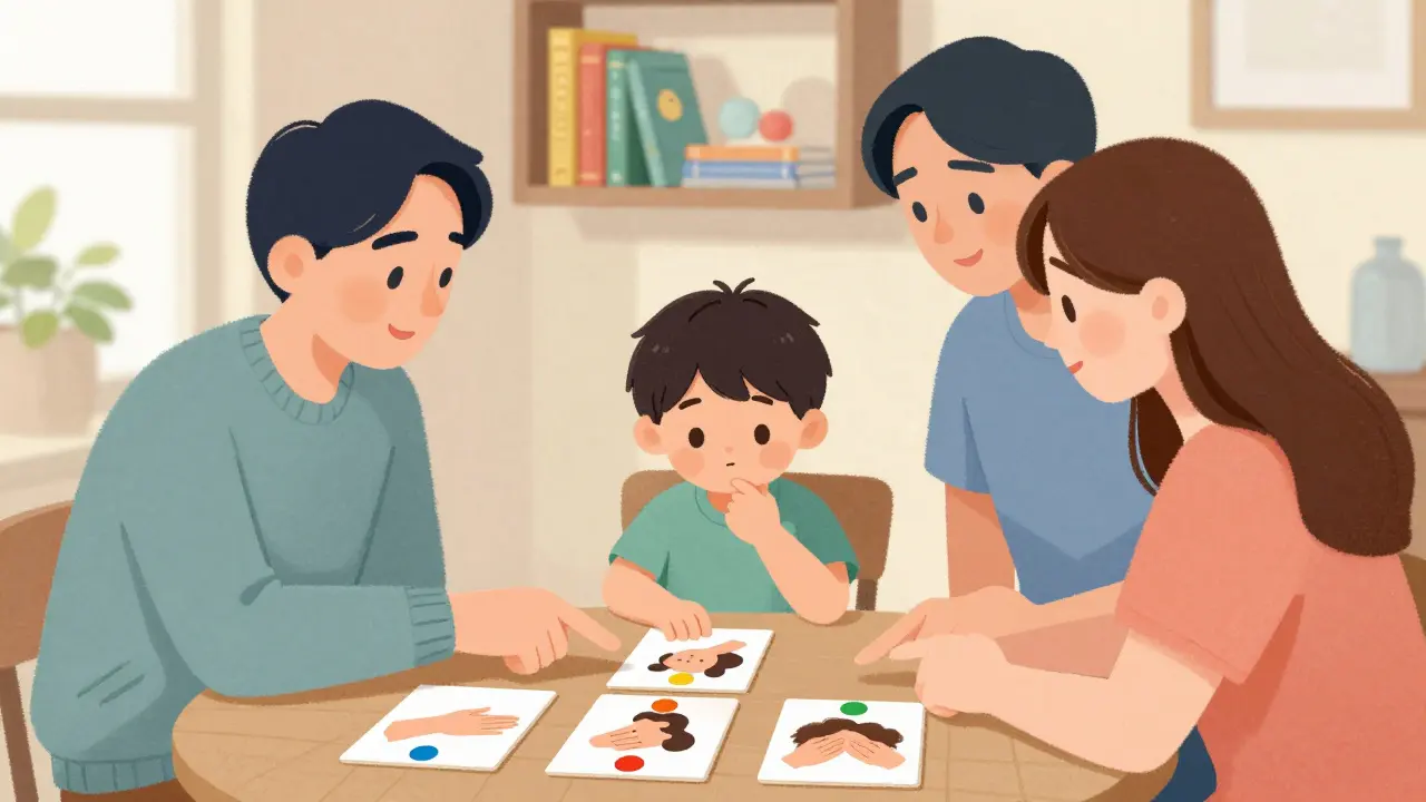 Rodiče s dítětem s autismem učí pojmy doteku pomocí barevných karet doma.