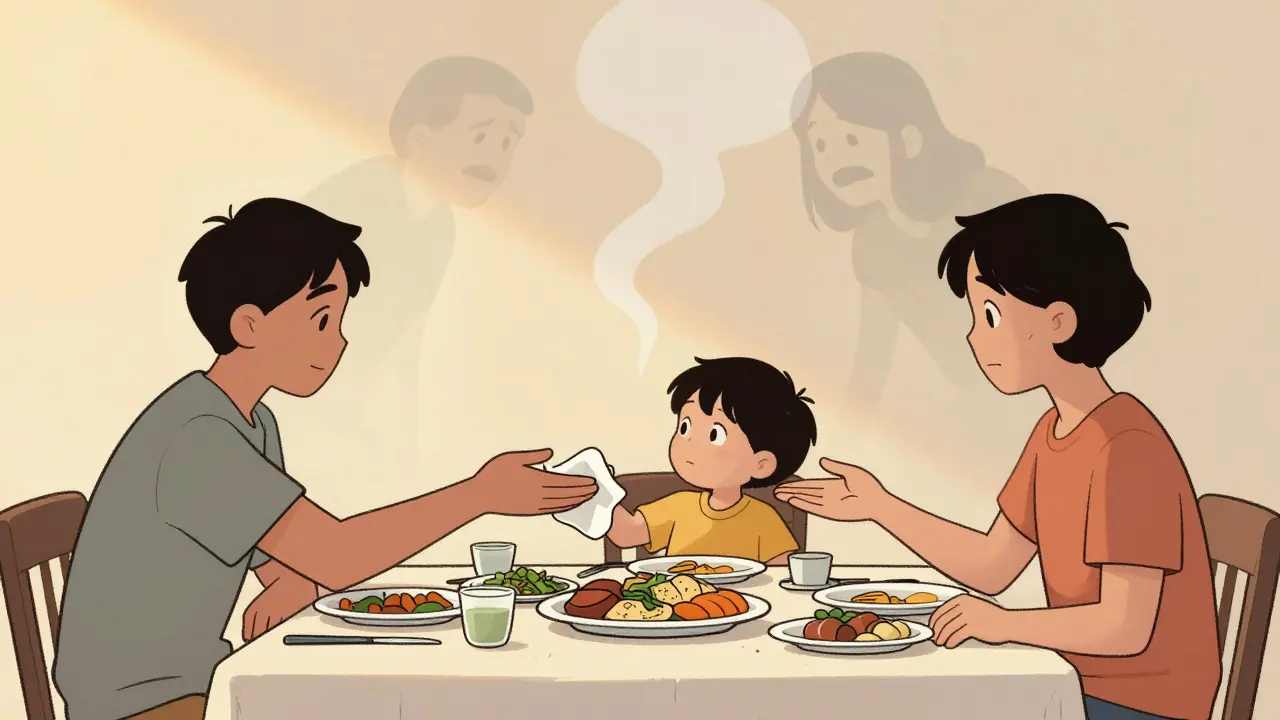 Rodina spolu jí, ruce se dotýkají, v pozadí se rozplynou staré strachy jako kouř.