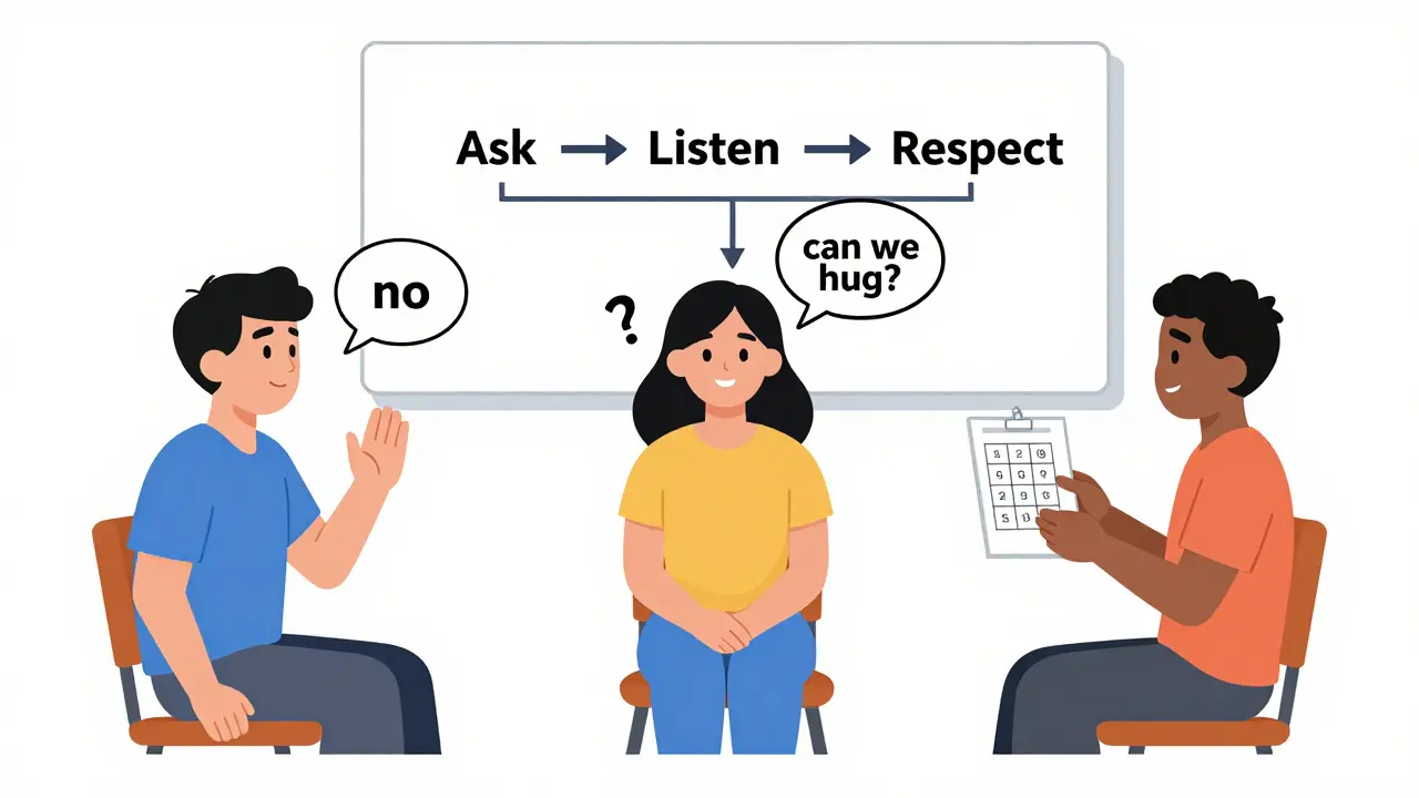 Skupina lidí s autismem se ve skupinové terapii učí rozpoznávat a respektovat hranice prostřednictvím role-play.