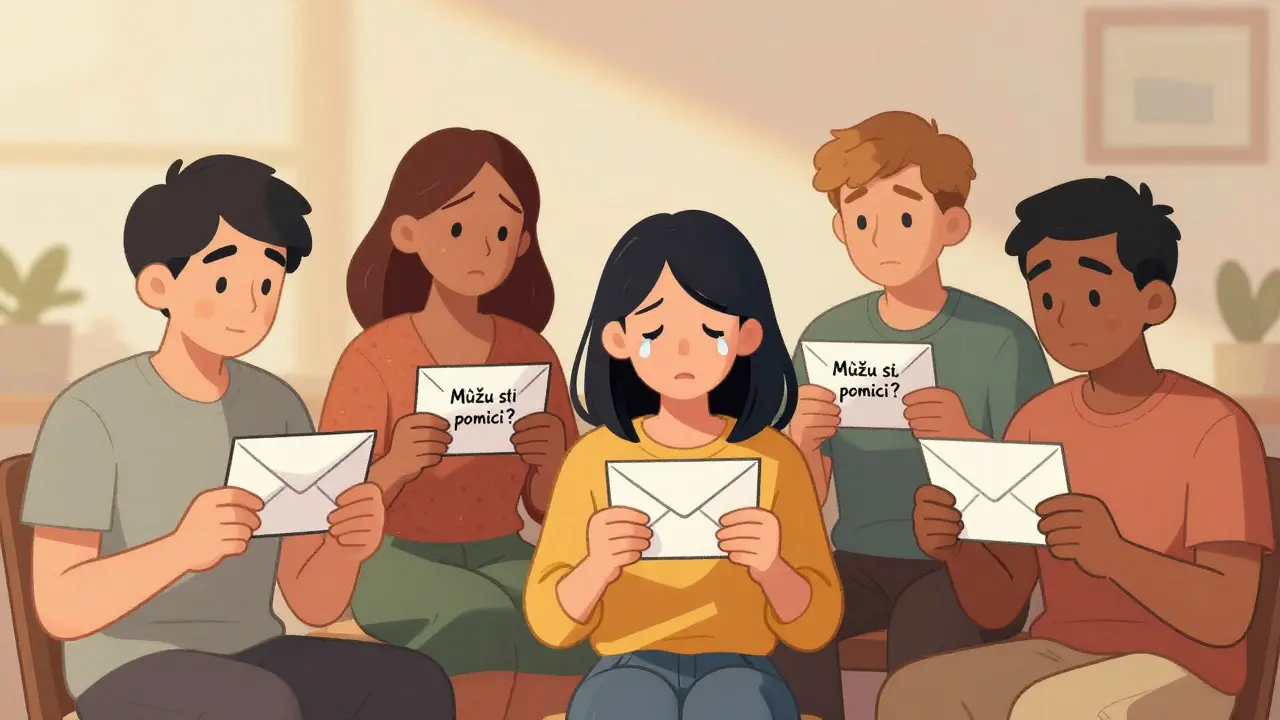 Skupina lidí v klidné místnosti, každý drží dopis s nabídkou pomoci, jeden ho otevírá s úsměvem, ostatní se opatrně přibližují.